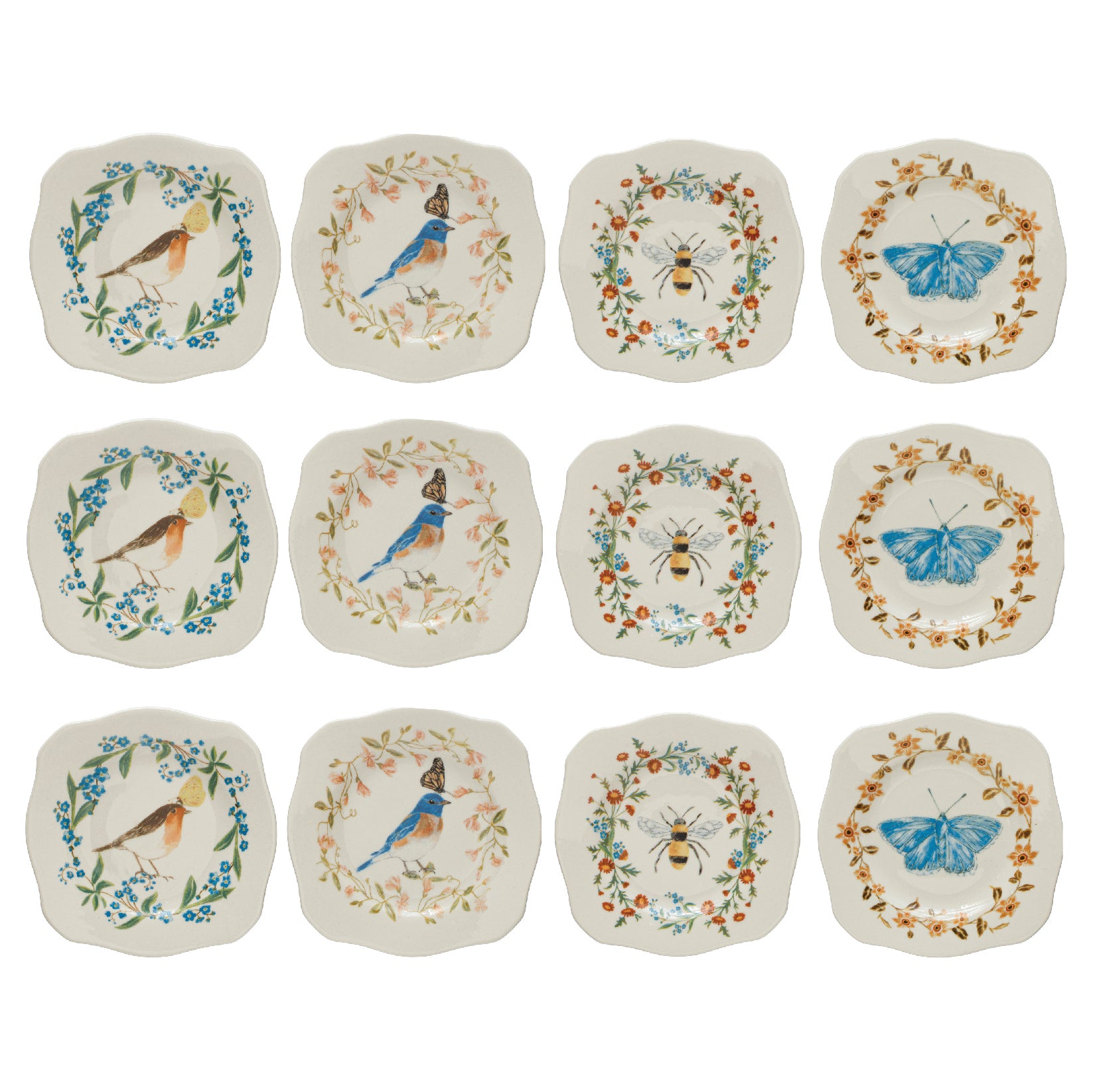 Painted Fauna Stoneware Plates With Scalloped Edge (Set of 12)